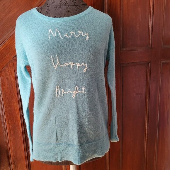 LOFT Womens SZ XSMALL Crew Neck Sweater Light Blue Letter Graphic Embroidery - Picture 2 of 6